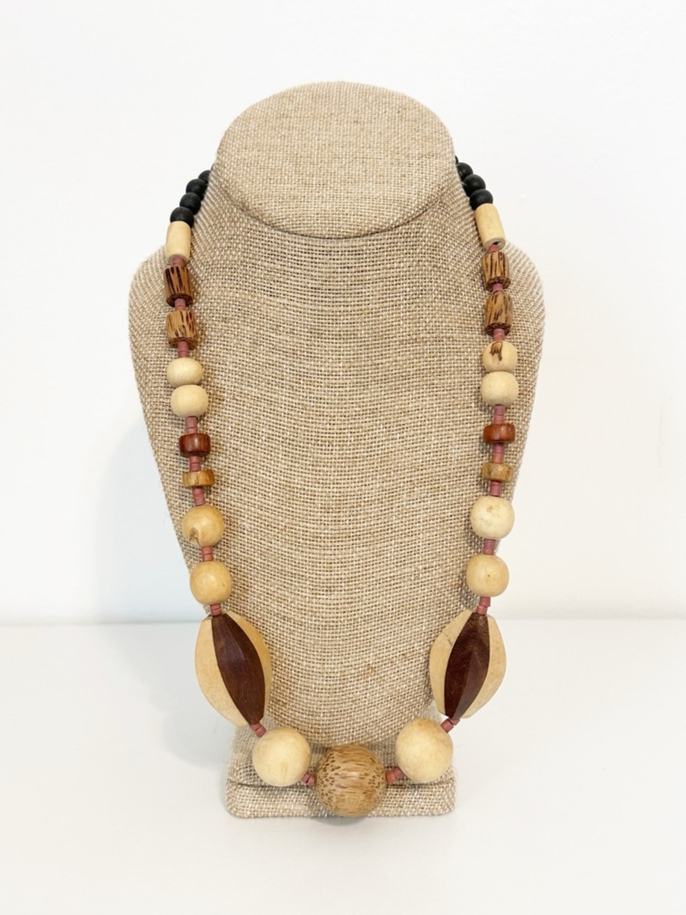 Artisan Boho Chunky Wood & Polished Shell Statement Necklace - Earthy Neutral